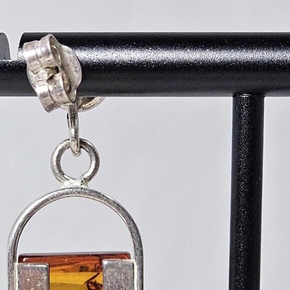 Vintage Sterling Silver Genuine Amber Stone Tube Bar Jar Dangling Stud Earrings - Picture 9 of 10